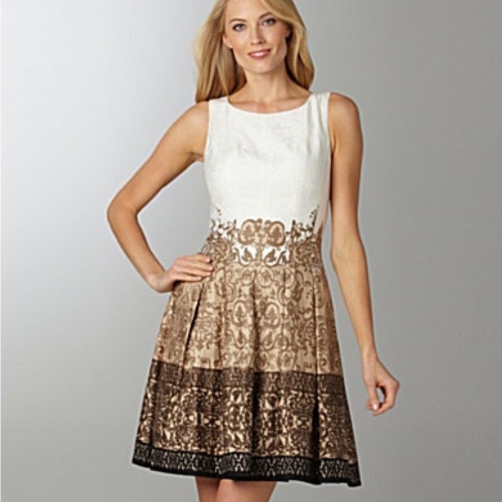 Jones‎ New York Brown & White Lined Sleeveless Pleated Zip Dress Women’s Size 6